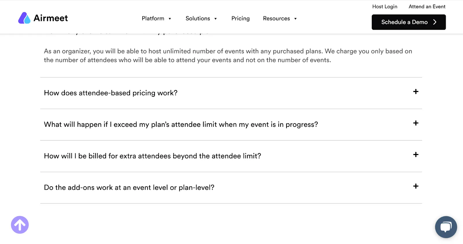 FAQs on Airmeet’s pricing page