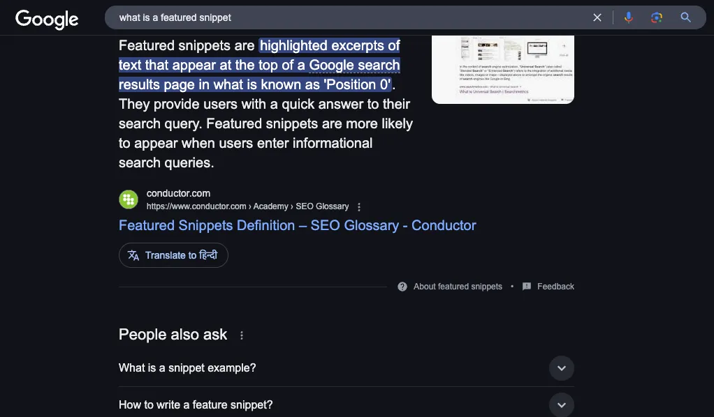 Google featured snippet example