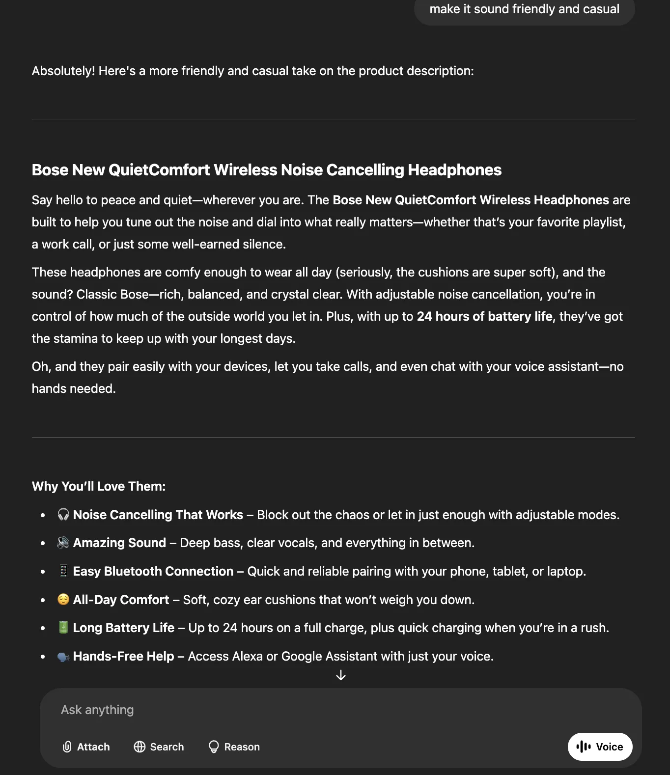 Product description and key features for Bose New QuietComfort Headphones in a much more casual tone