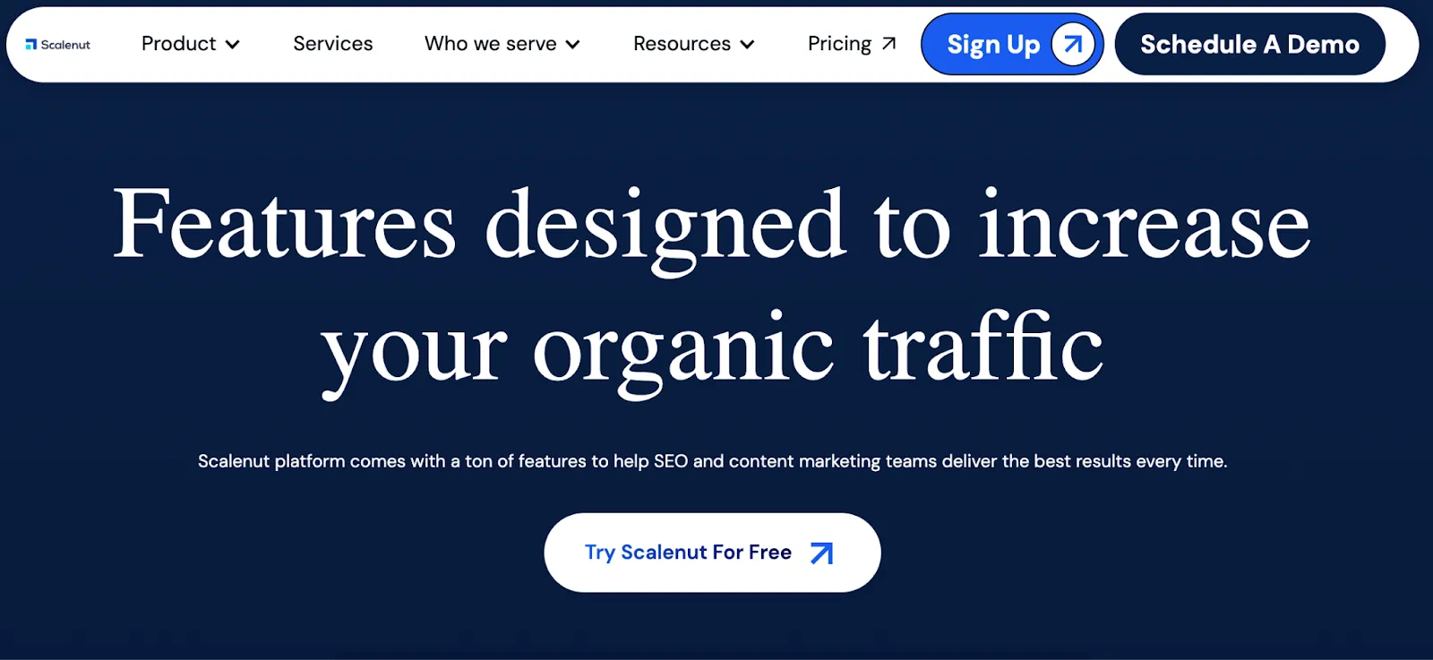 Scalenut homepage showcasing AI tools designed to drive organic traffic from search engines and LLMs