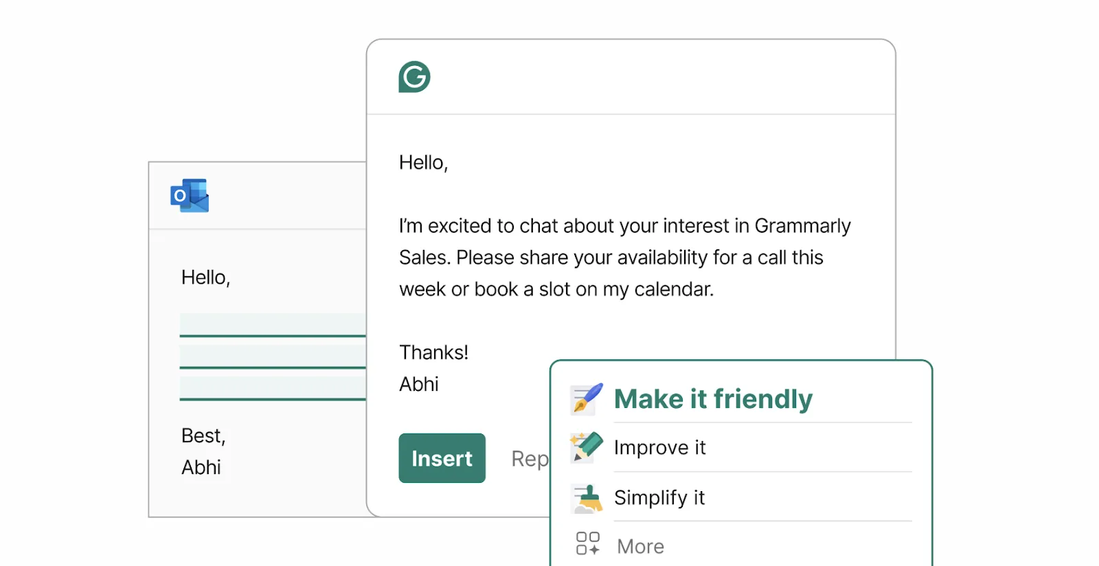 GrammarlyGo tool suggesting improvements to an email draft in Outlook