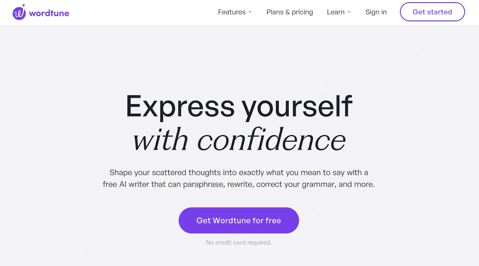 Wordtune homepage showcasing how its AI writer can paraphrase, correct grammar, and adjust tone 