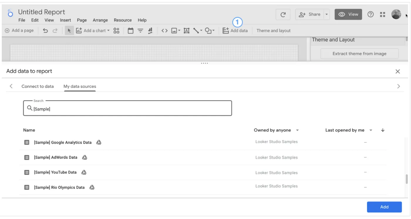 Looker Studio showing sample data sources selection screen during report creation