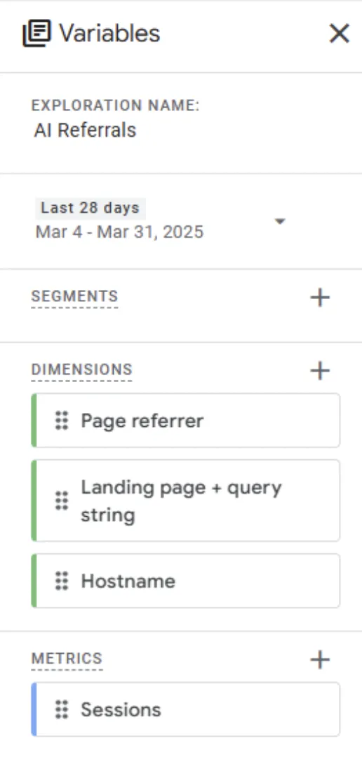 GA4 Explore setup showing "AI Referrals" with dimensions for various metrics
