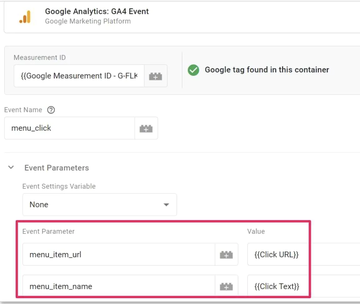 GA4 event setup showing the event name "menu_click" with parameters for URL and item name