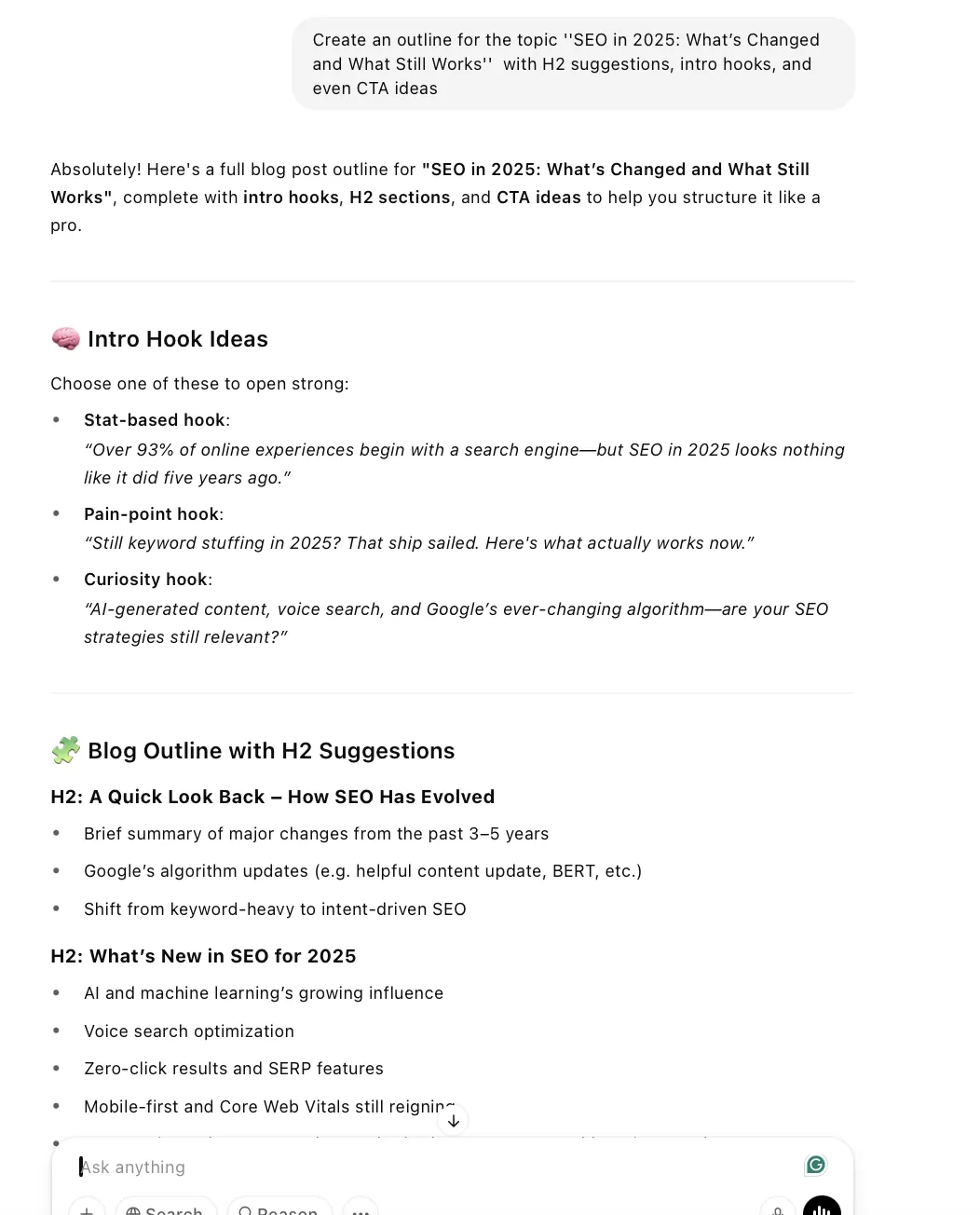 Blog outline for SEO in 2025 with headings, intro ideas, and CTAs.