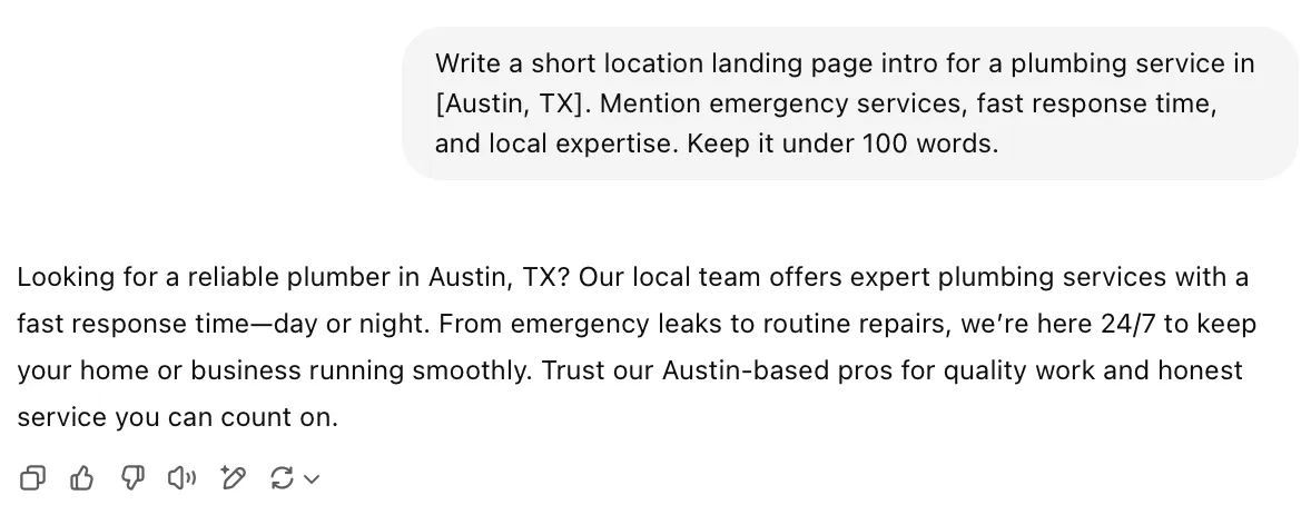 Screenshot of a brief plumbing service intro for Austin, TX, emphasizing local expertise, 24/7 emergency services, and quick response time.