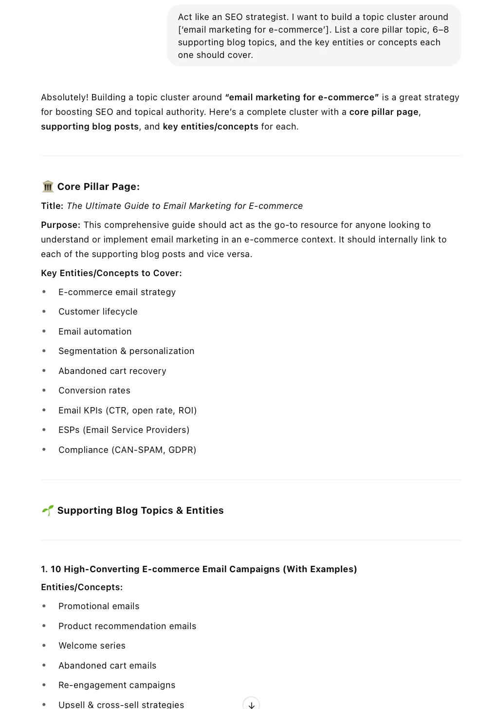 Screenshot showing an SEO topic cluster built around "email marketing for e-commerce" with a pillar page and blog post ideas, including key entities and concepts.