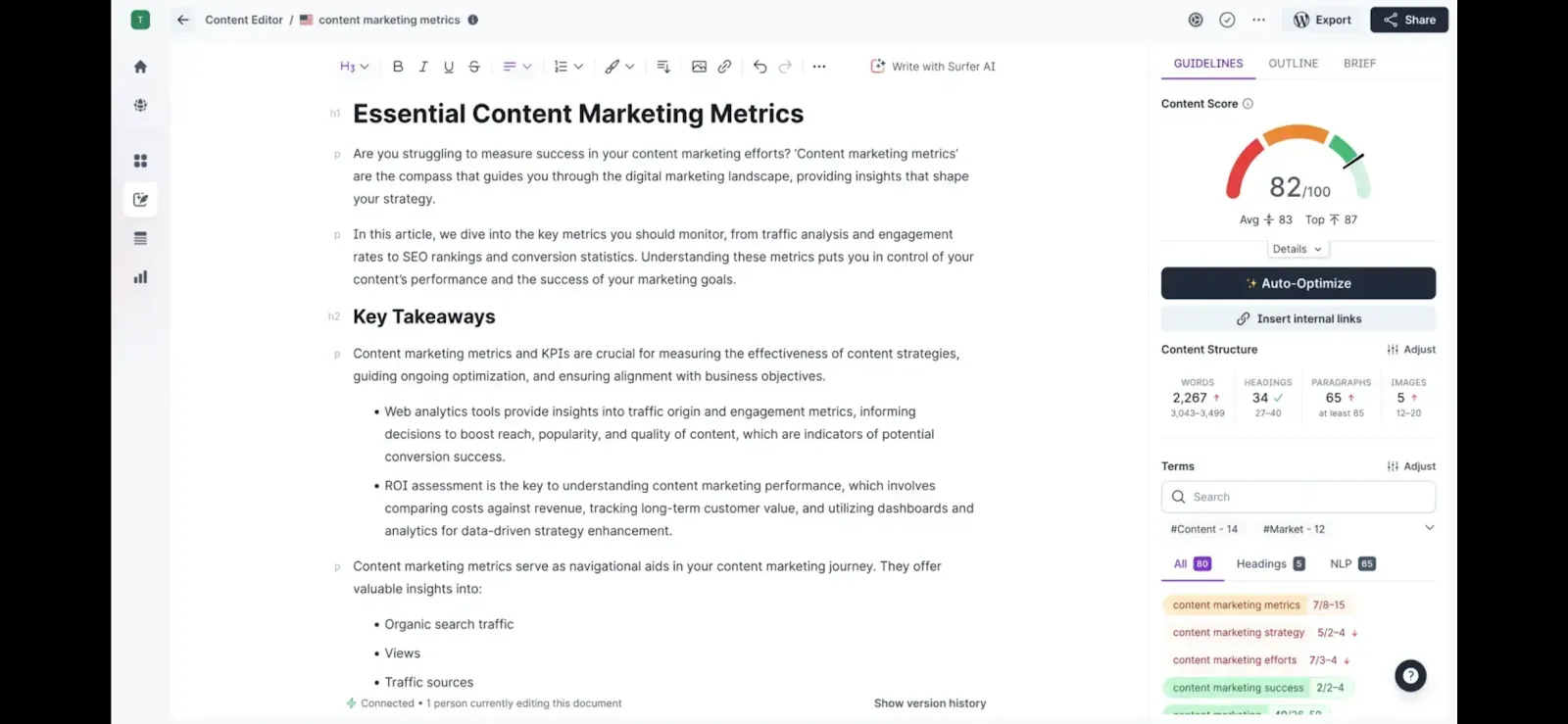 Real-time SEO score and keyword suggestions inside a content editor.