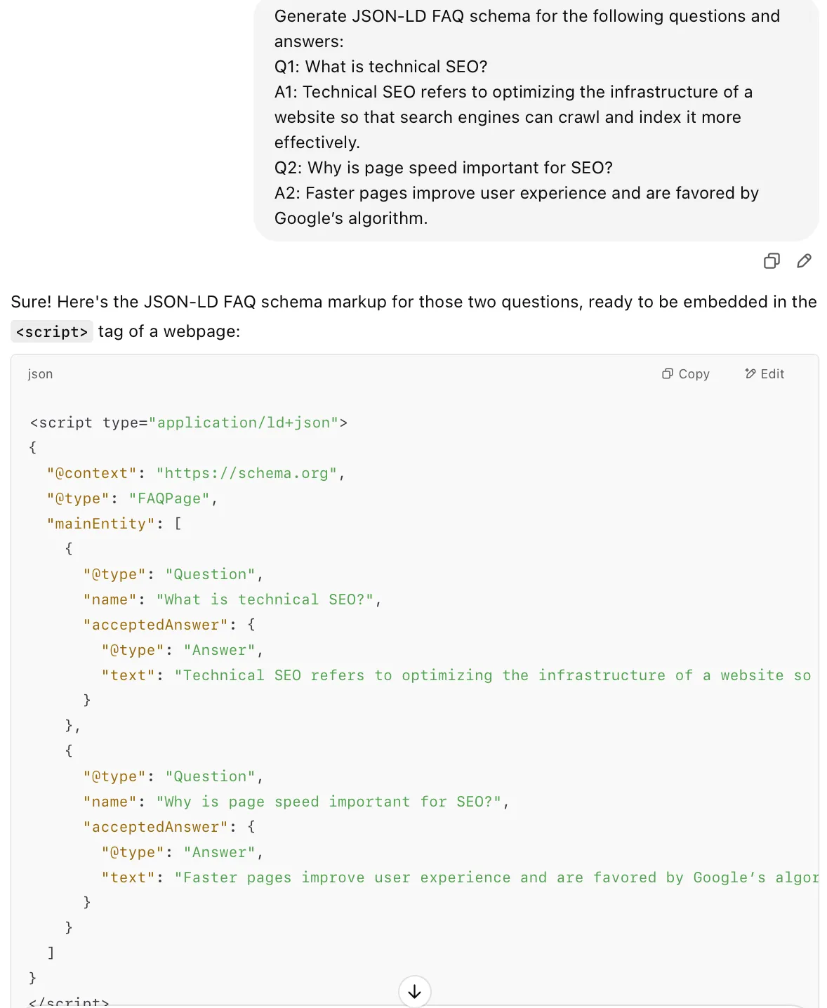 Screenshot of structured data markup in JSON-LD format, featuring FAQ schema for two SEO-related questions and answers.