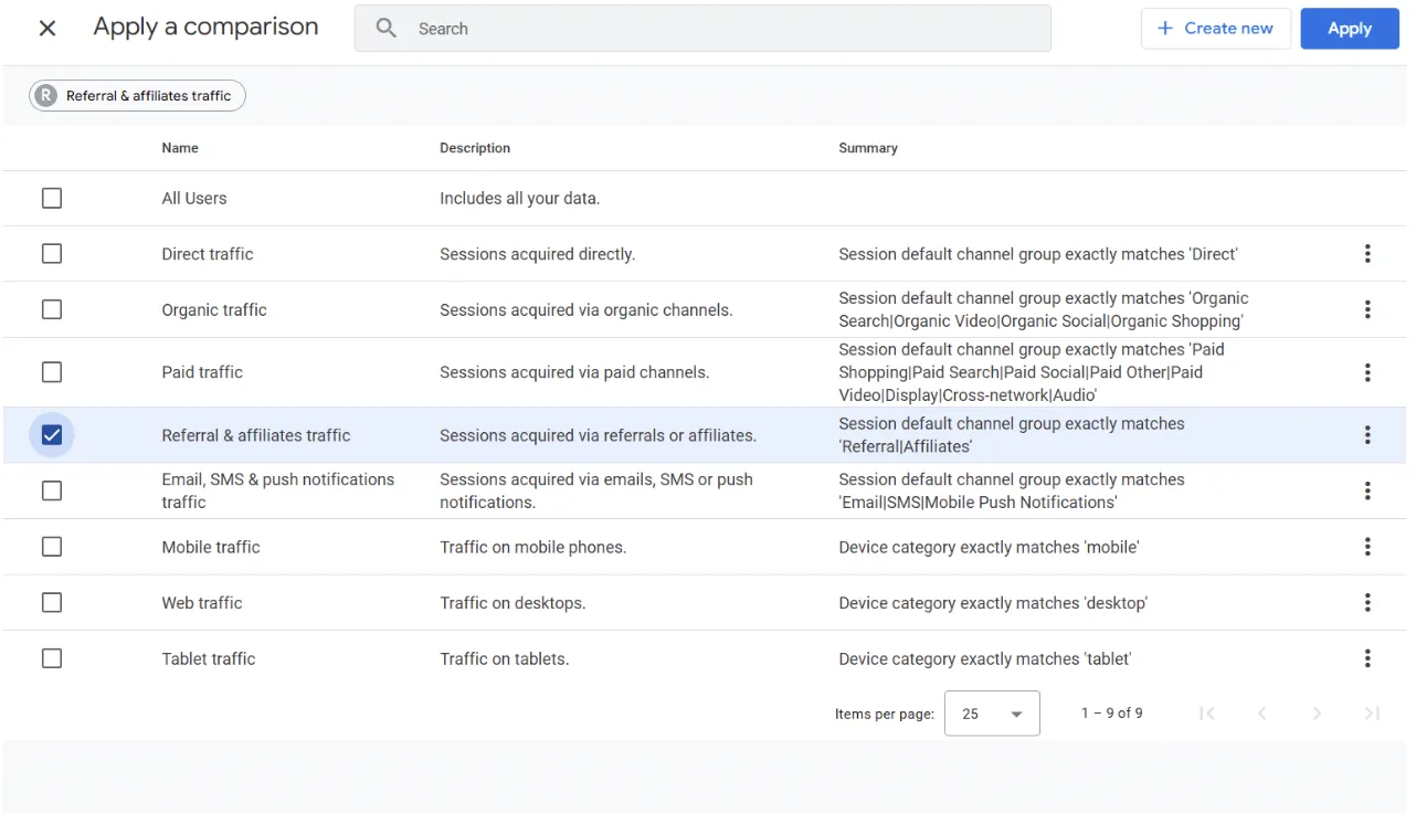 GA4 comparison selector with “Referral & affiliates traffic” checked, showing various session acquisition types