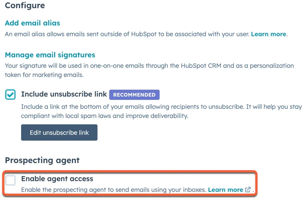  Checkbox option to enable prospecting agent access in HubSpot email settings