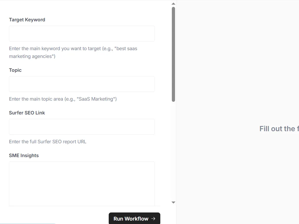 Image showing fields to input keyword, topic, and other details for generating a content brief