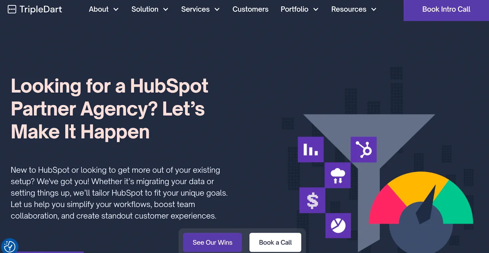 TripleDart homepage with HubSpot funnel graphic and intro call prompt