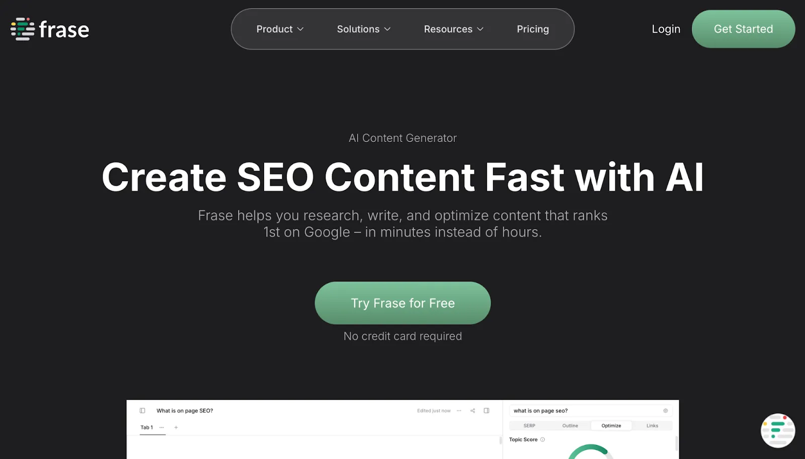 Frase homepage promoting AI-powered SEO content creation
