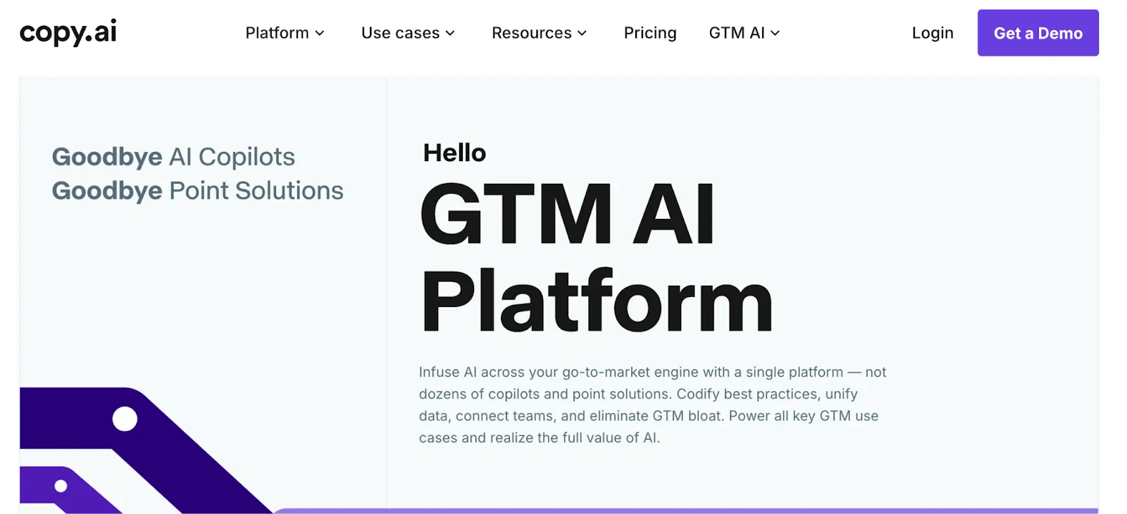 Copy.ai homepage showcasing its GTM AI Platform with bold messaging