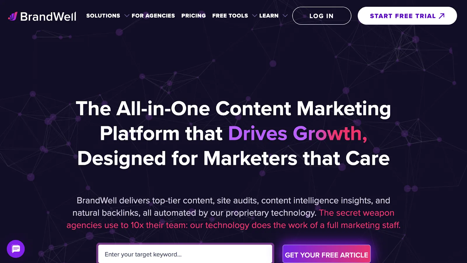 BrandWell homepage highlighting content marketing features and free trial