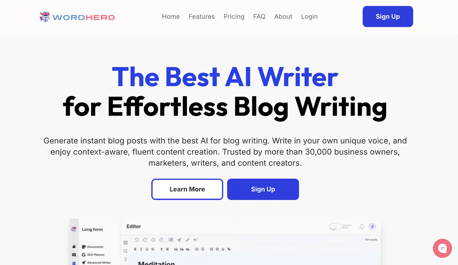 WordHero homepage highlighting AI blog writing capabilities
