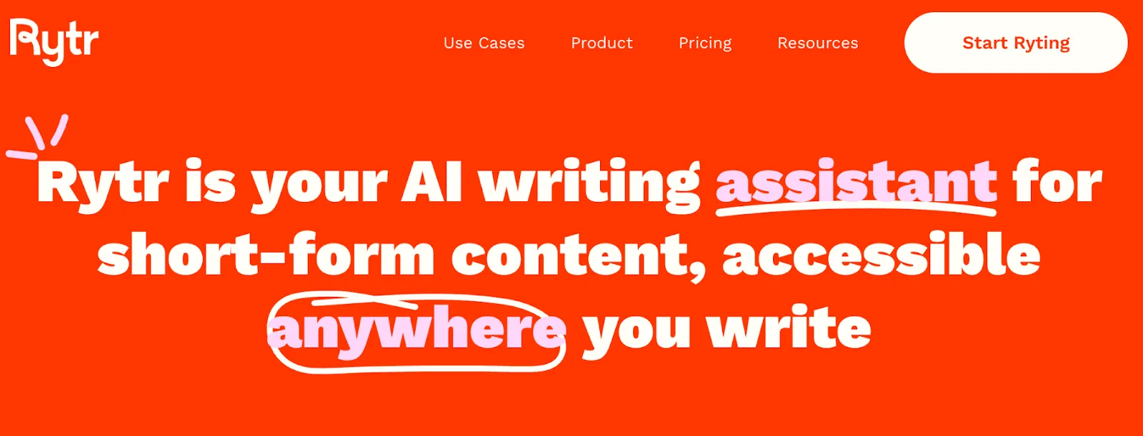 Rytr homepage featuring its "AI writing assistant for short-form content" tagline