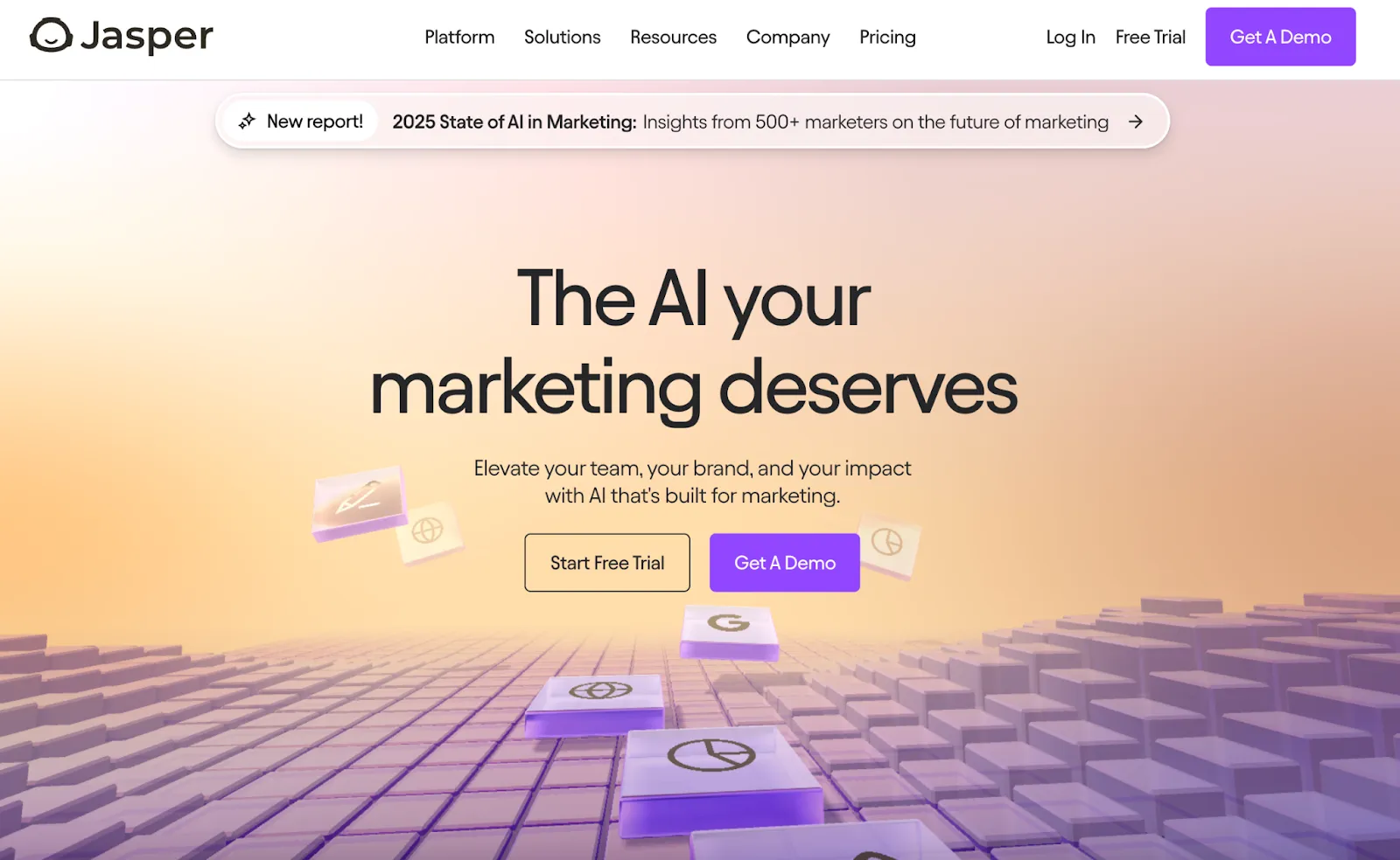 Jasper homepage with the tagline "The AI your marketing deserves" and CTA for a free trial and demo
