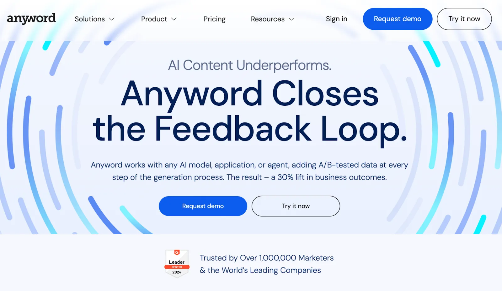 Anyword homepage showing AI content feedback and A/B testing