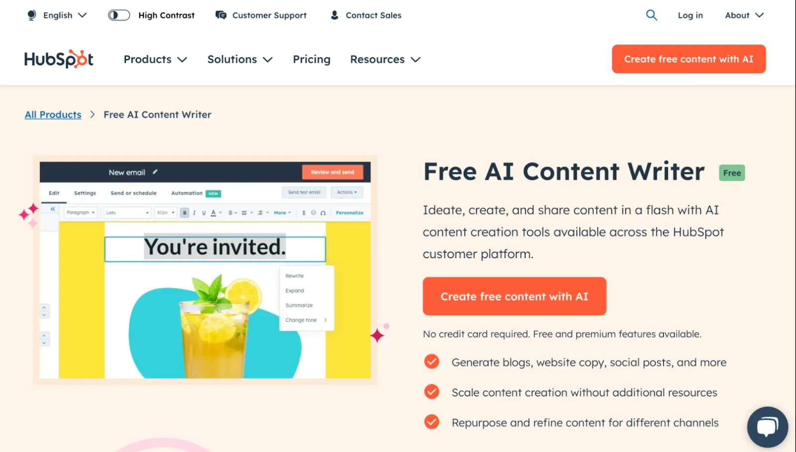 HubSpot Free AI Content Writer interface with content editing options