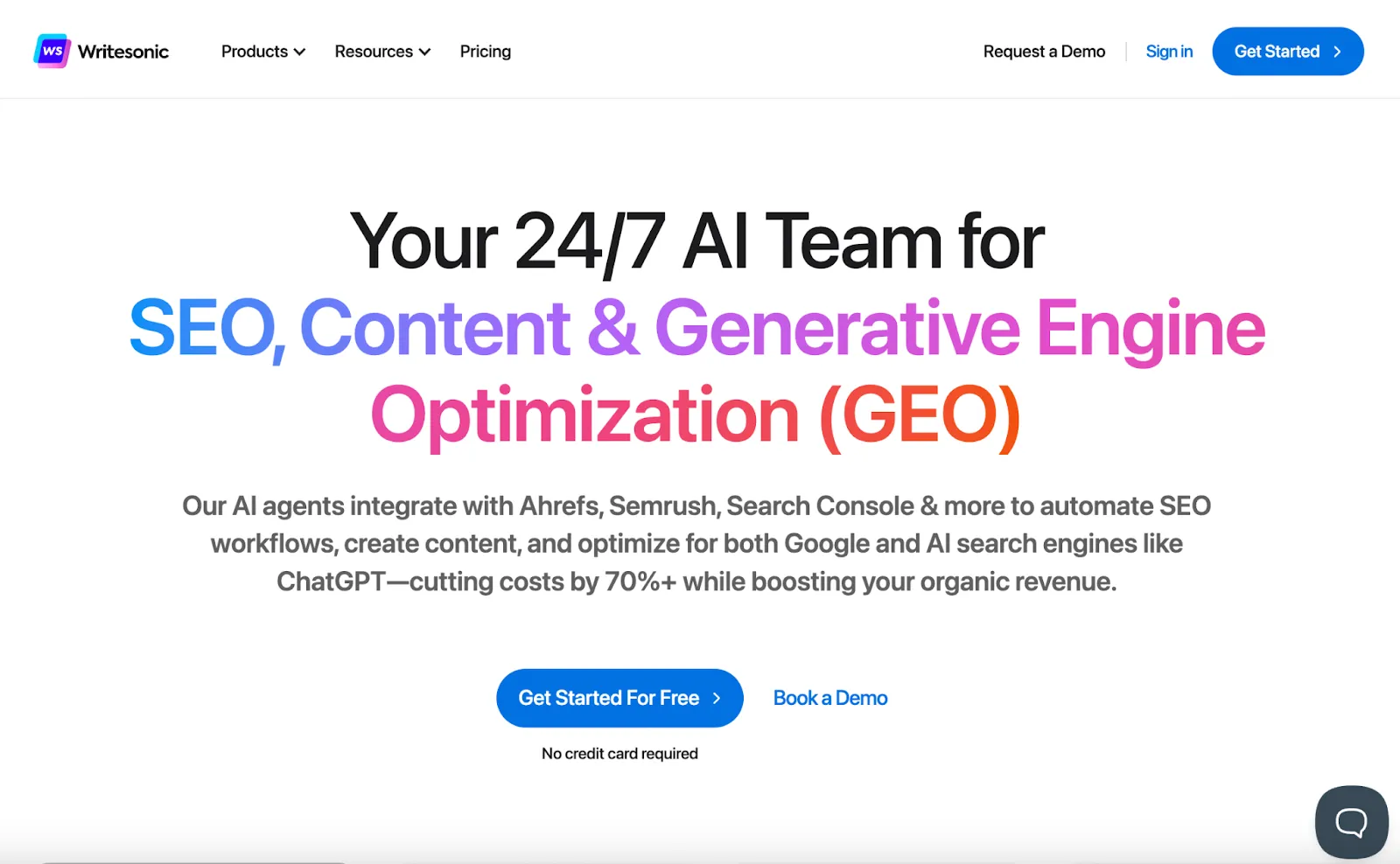 Writesonic homepage showing AI tools for SEO and content creation with CTAs
