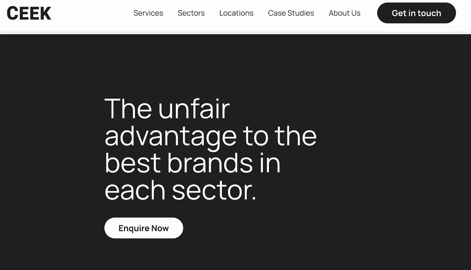 CEEK homepage with dark background and bold white headline text