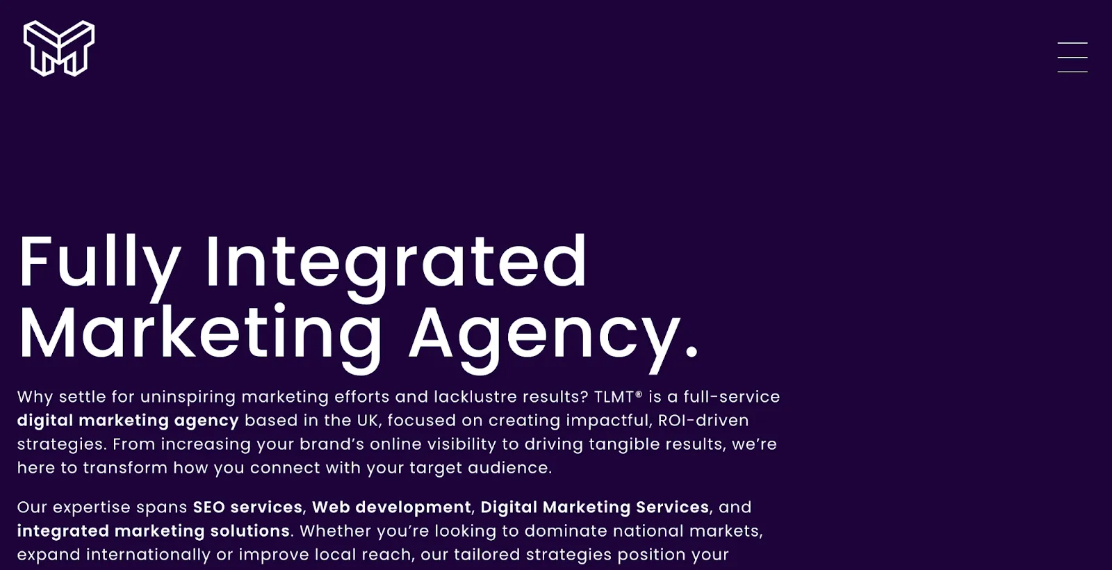TLMT homepage with bold text on a purple background describing their integrated marketing services