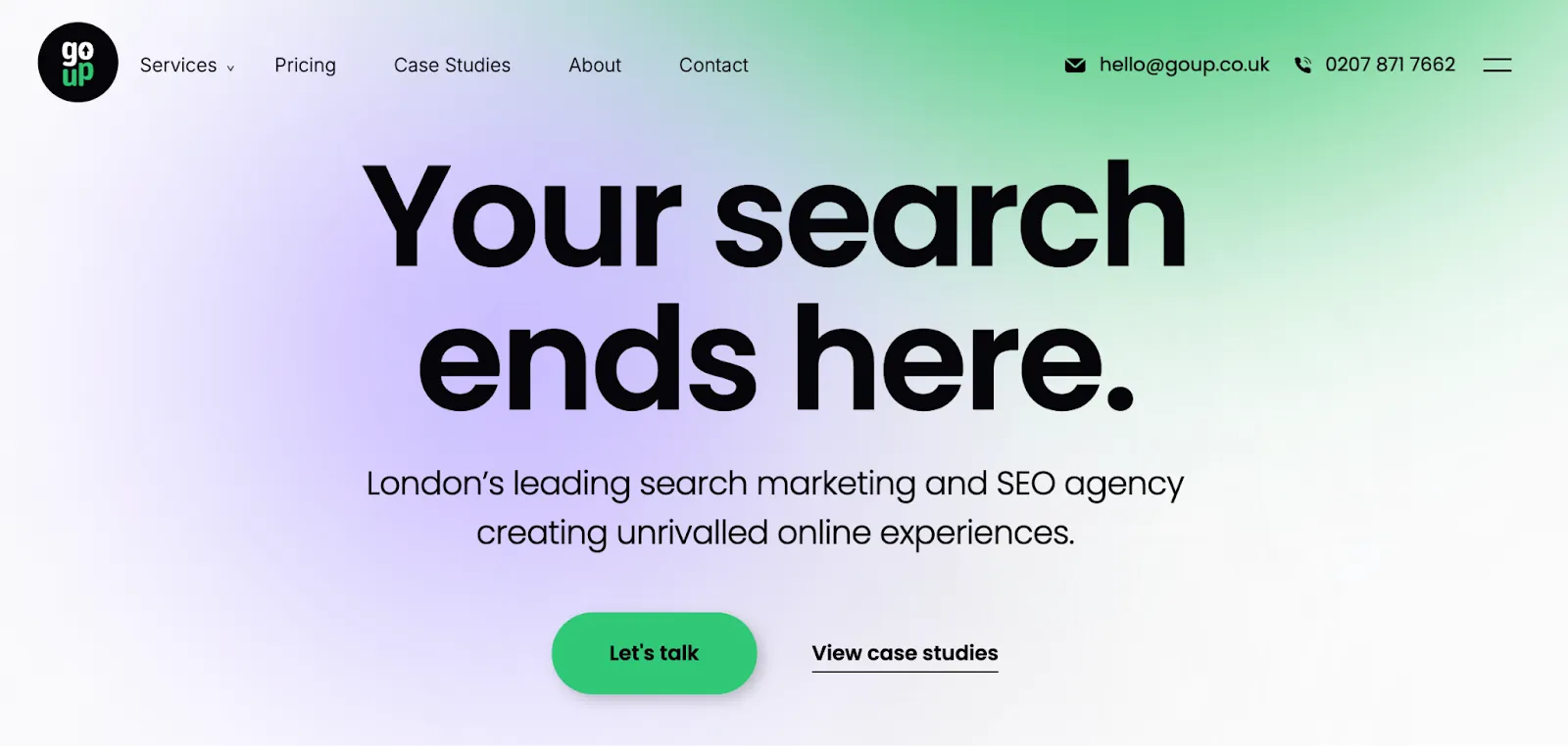Go Up SEO agency homepage with bold tagline and gradient background