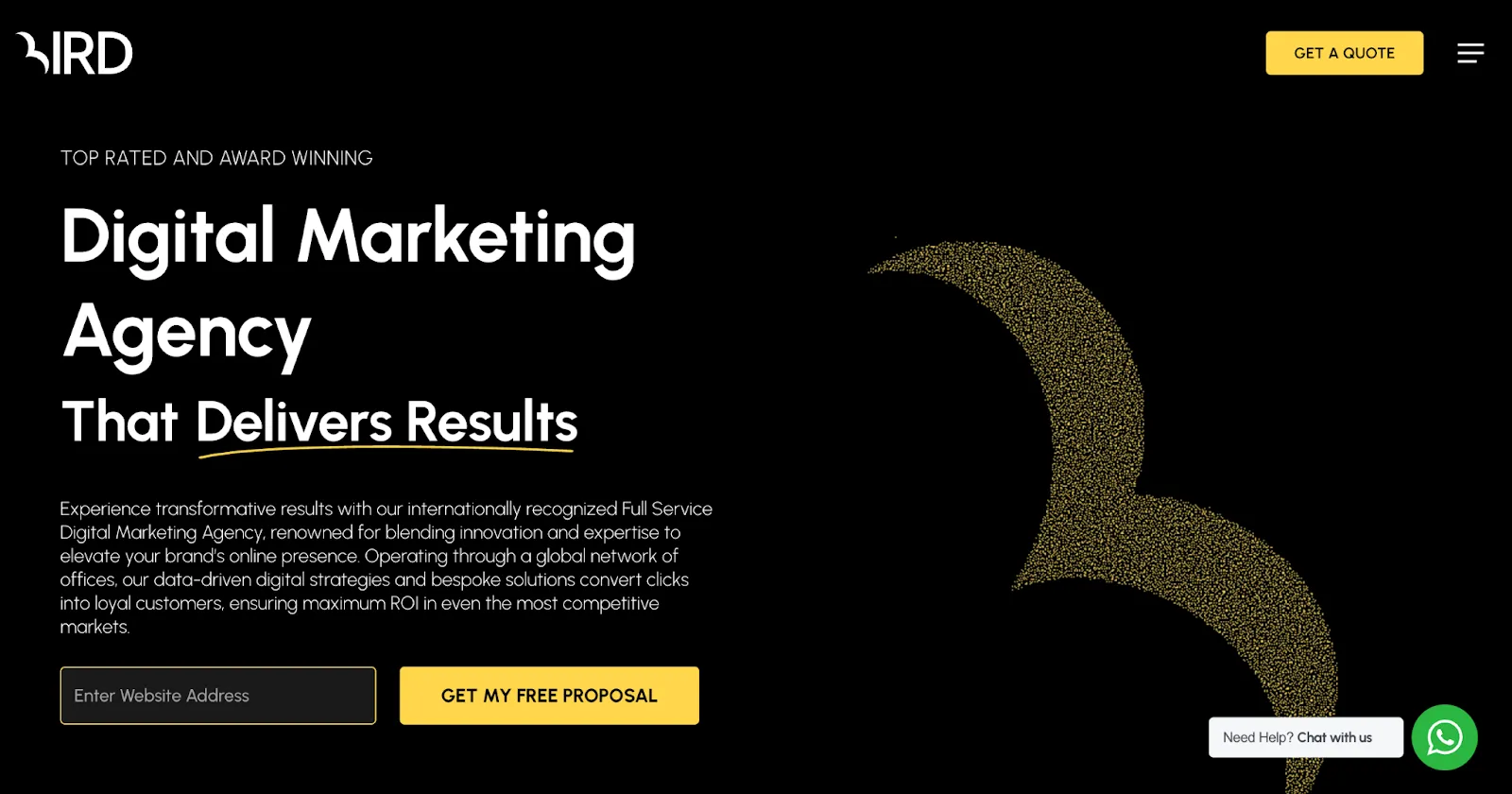 Homepage of Bird Marketing, a full-service digital marketing agency with bold text and a black-gold theme