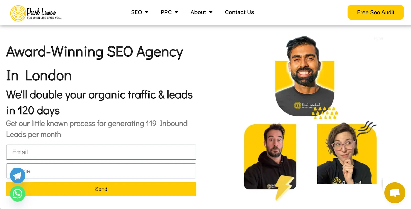 Pearl Lemon SEO agency homepage with headline, form, and team photos