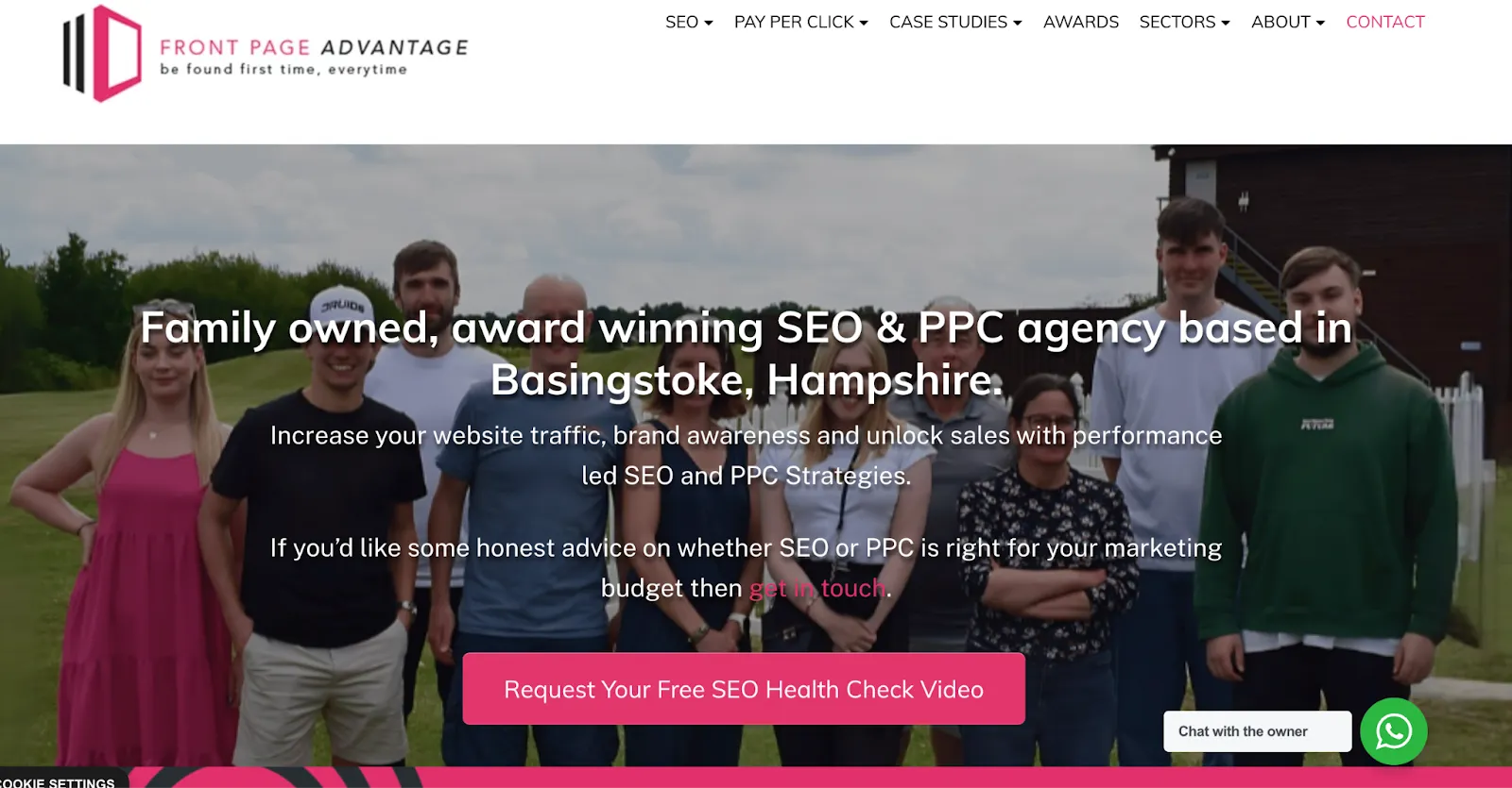 Team of Front Page Advantage SEO and PPC agency standing outdoors with service details overlaid