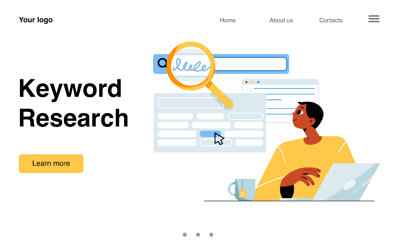 Keyword research illustration showing a person using search tools to identify seed keywords for SaaS content strategy.