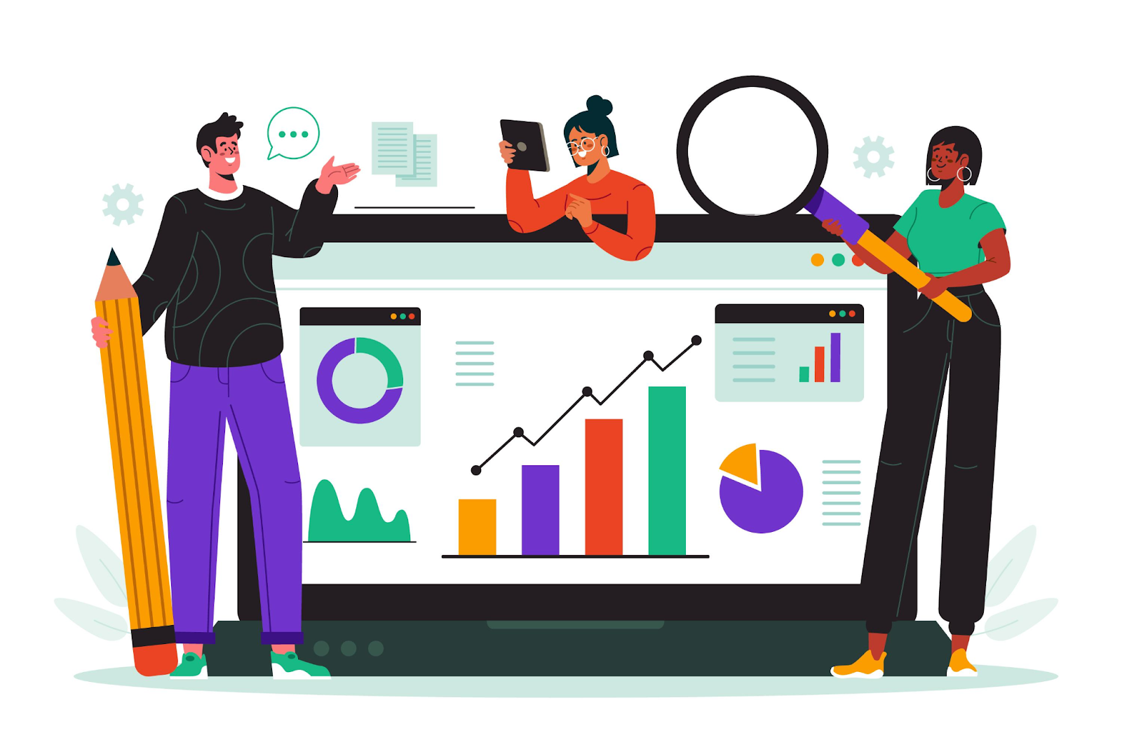 Team analyzing competitor data with charts and analytics dashboards for SaaS content marketing strategy research.