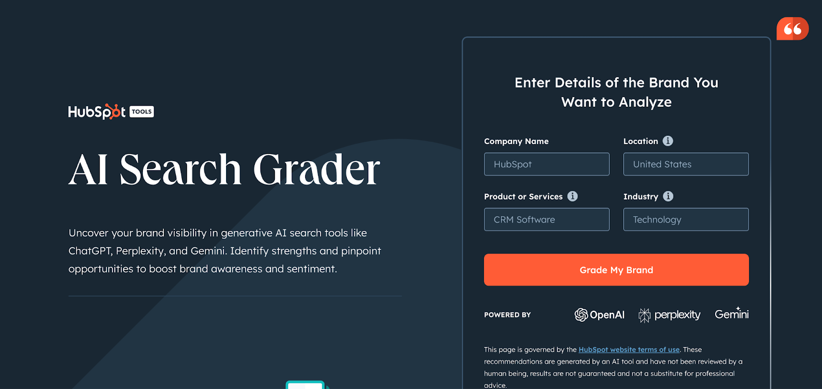 Hubspot AI Search Grader landing page