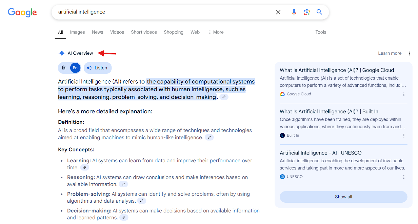 AI overview for artificial intelligence in Google search results