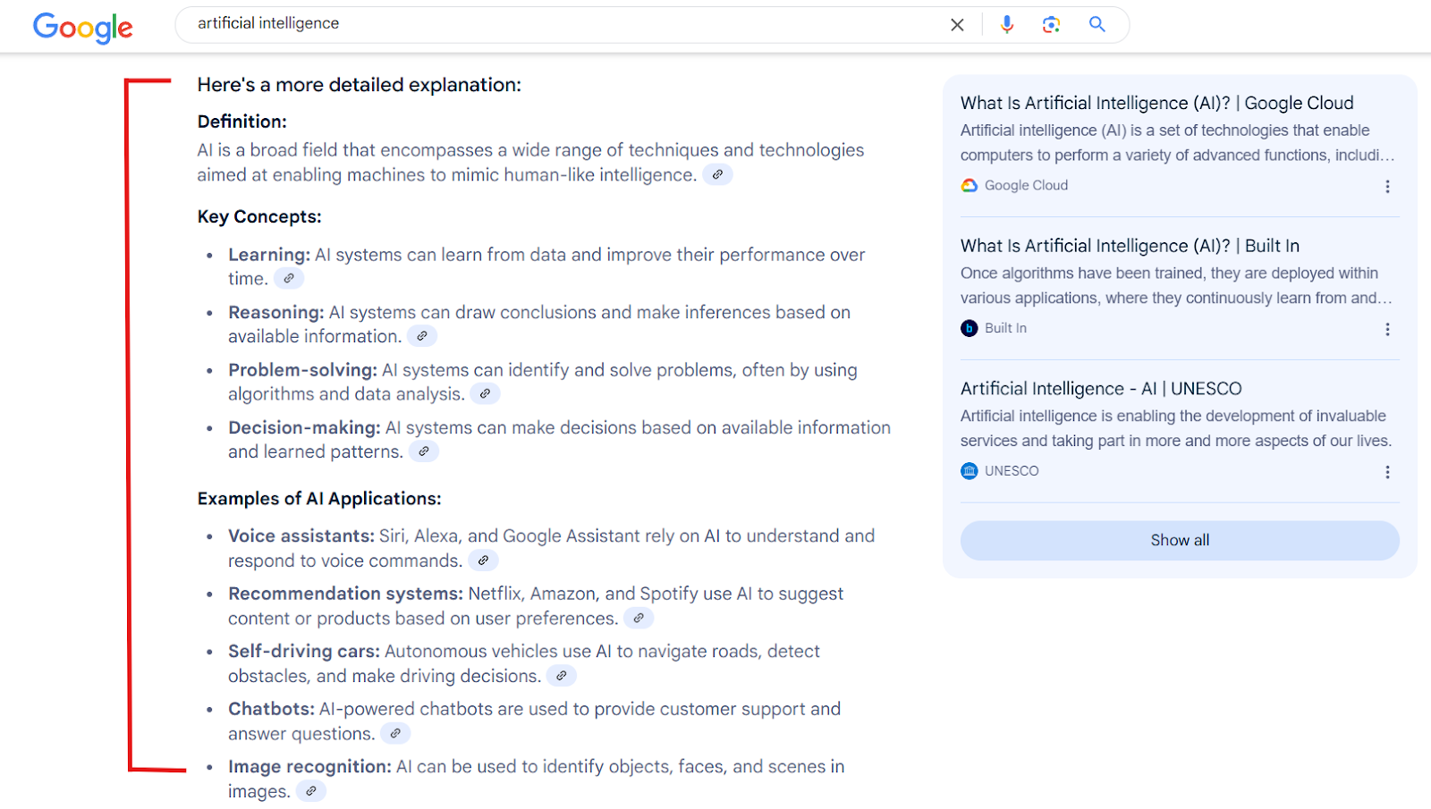 Summarized content in Google AI overview for artificial intelligence