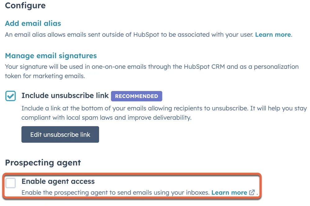 Checkbox option to enable prospecting agent access in HubSpot email settings
