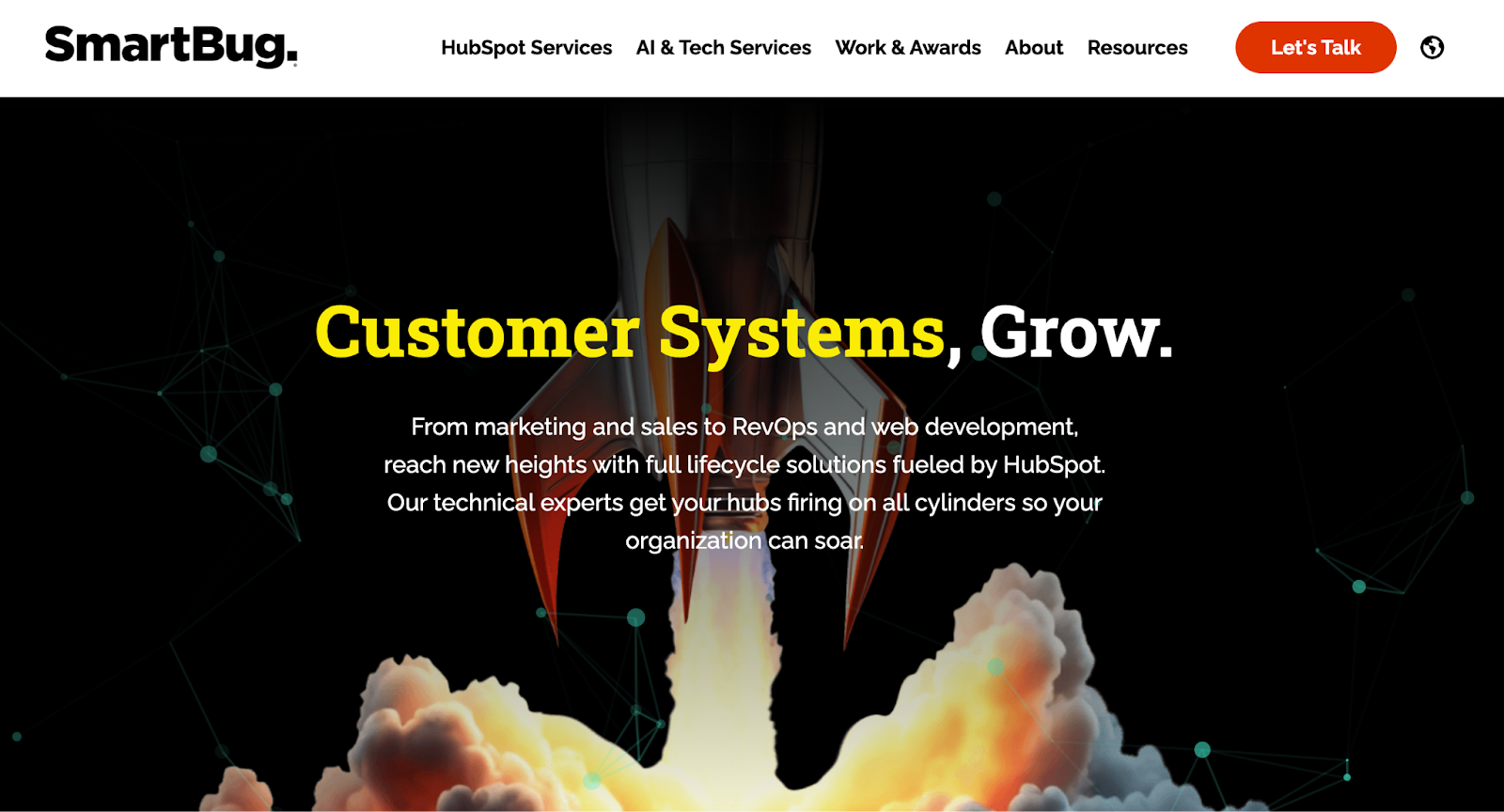 SmartBug showcasing a rocket launch and tagline about HubSpot-powered customer system growth