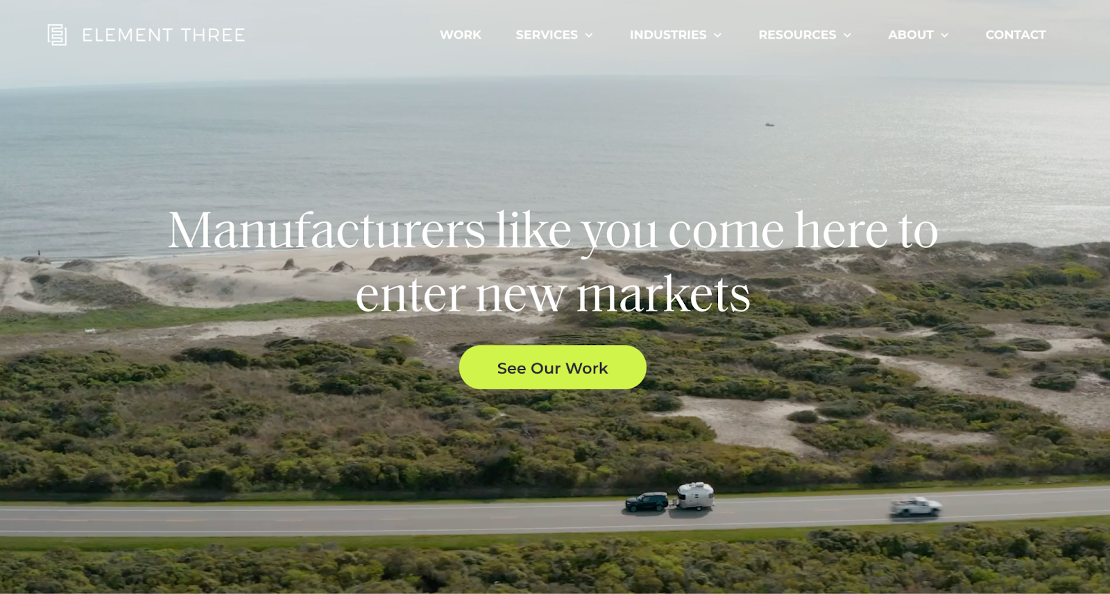 Element Three homepage with ocean backdrop and tagline for manufacturers
