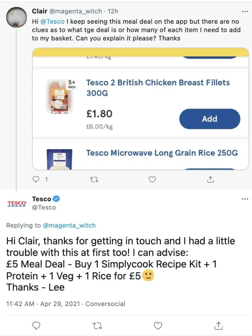 Tesco replies warmly on Twitter to explain a £5 meal deal, showing personality and care in customer engagement