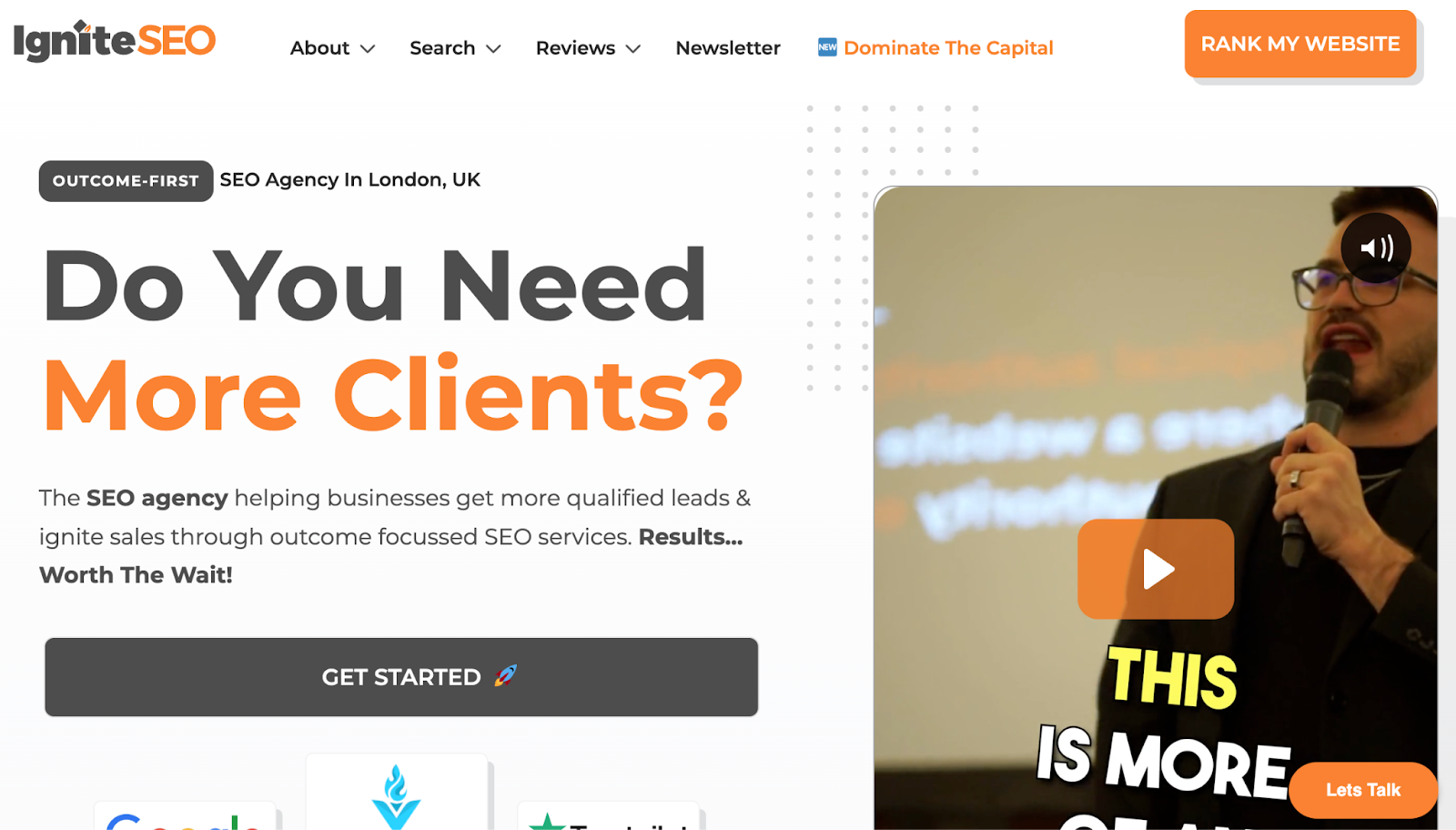 Ignite SEO homepage with bold text asking if users need more clients