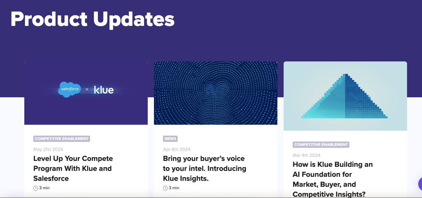 Screenshot showing product updates from Klue