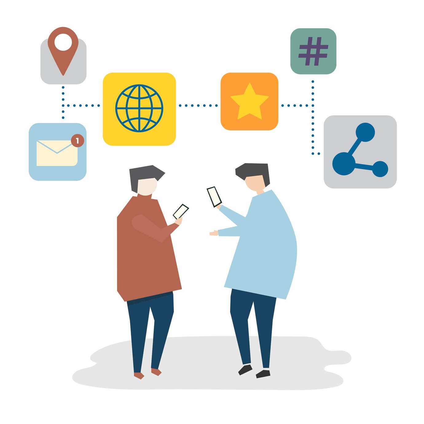 Illustration of two people engaging on social media with icons for sharing, hashtags, email, and global connectivity.