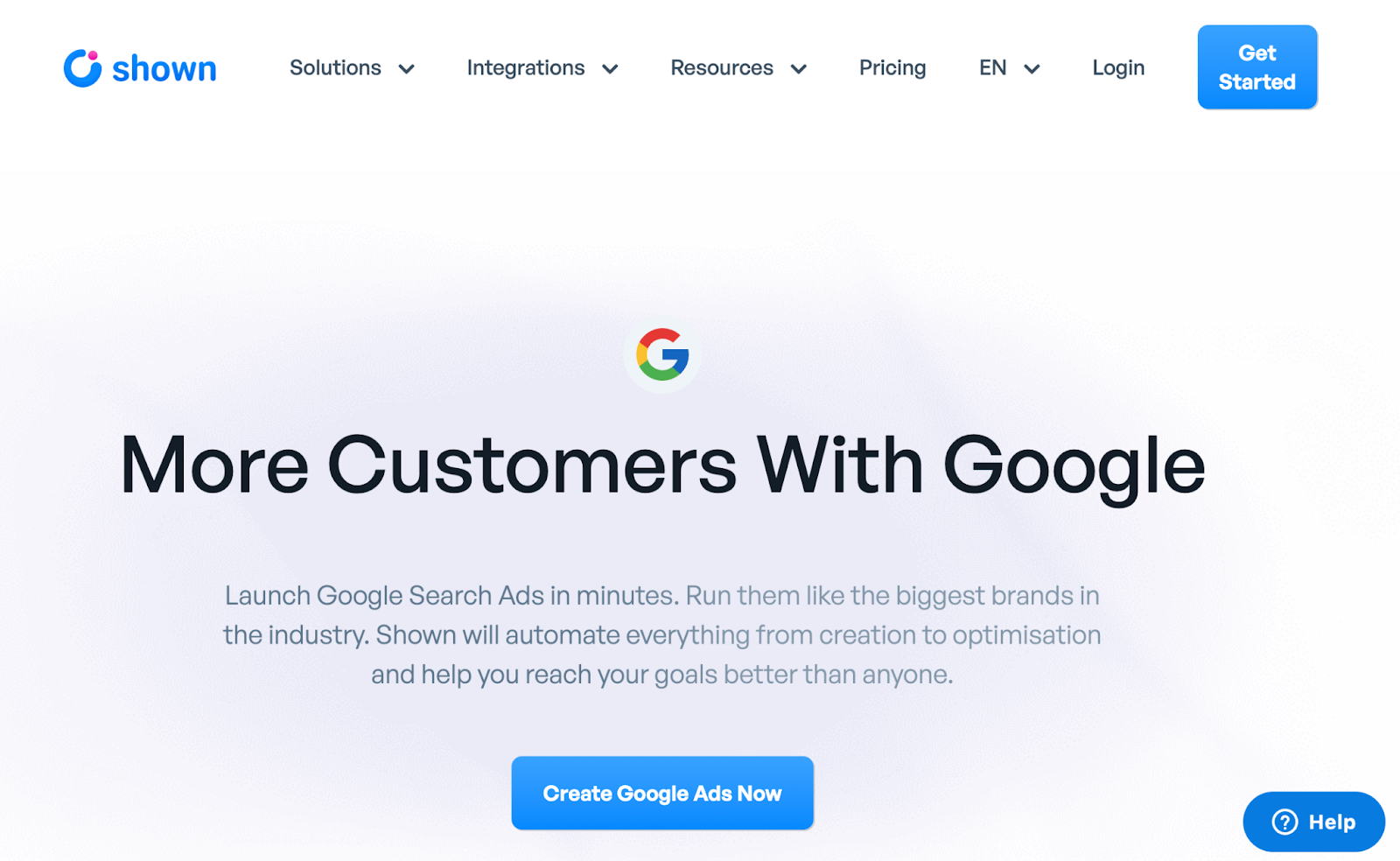 Shown AI landing page highlighting automated Google Ads creation with a call to action to create ads 