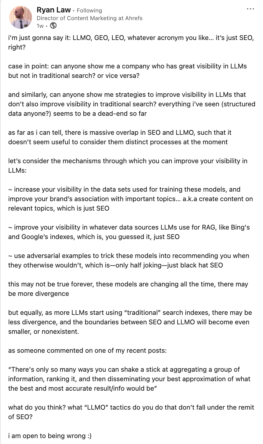 LinkedIn post questioning if LLMO/GEO is just SEO rebranded with identical optimization strategies