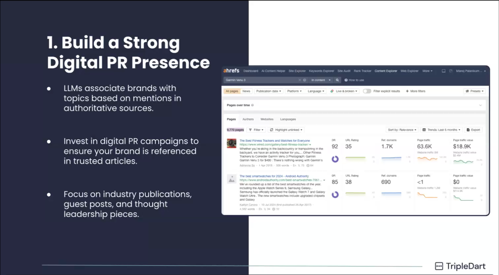 Slide recommending strong digital PR presence to improve brand visibility in AI systems