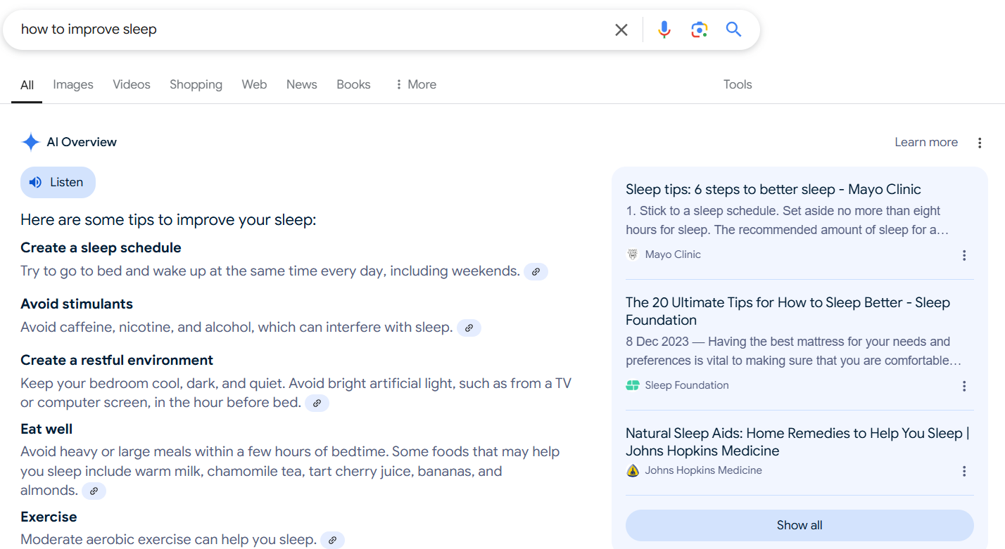 AI overview gives quick tips for 'how to improve sleep' along with a link for home remedies.