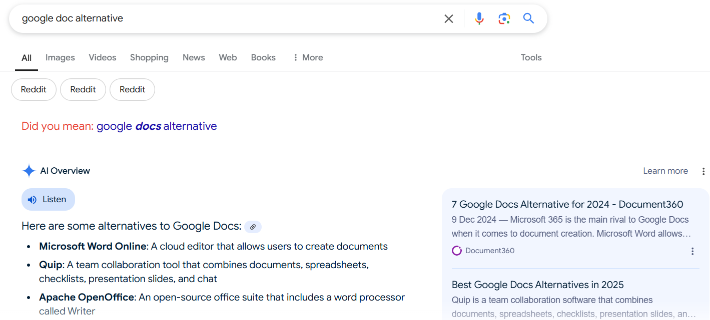 Document 360 is one of the alternatives for Google Docs in AI Overviews.